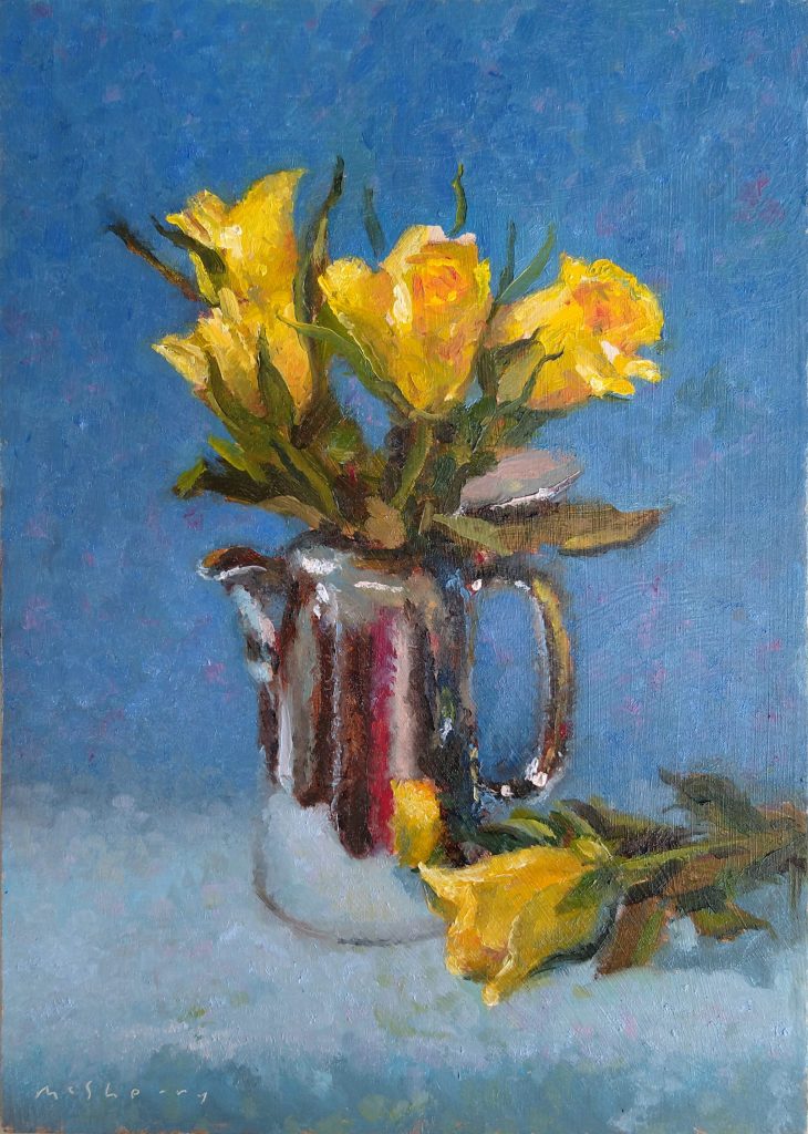 200618 Yellow Roses and SIlver against Blue oils painting alla prima study by Irish artist and art teacher in Dublin Kevin McSherry at McSherryStudio.com